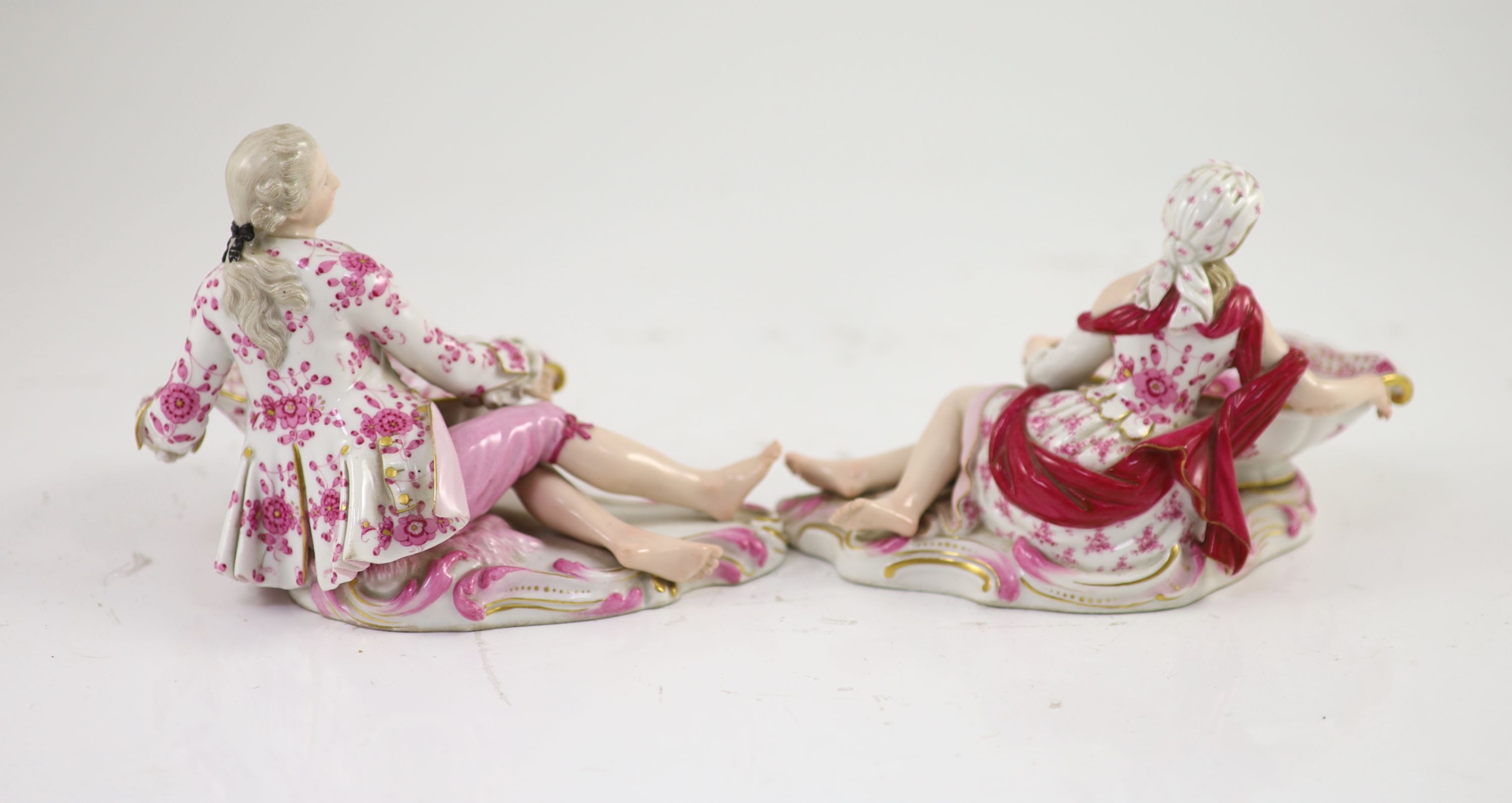 A pair of 19th century Meissen figural sweetmeat dishes, 17cm wide